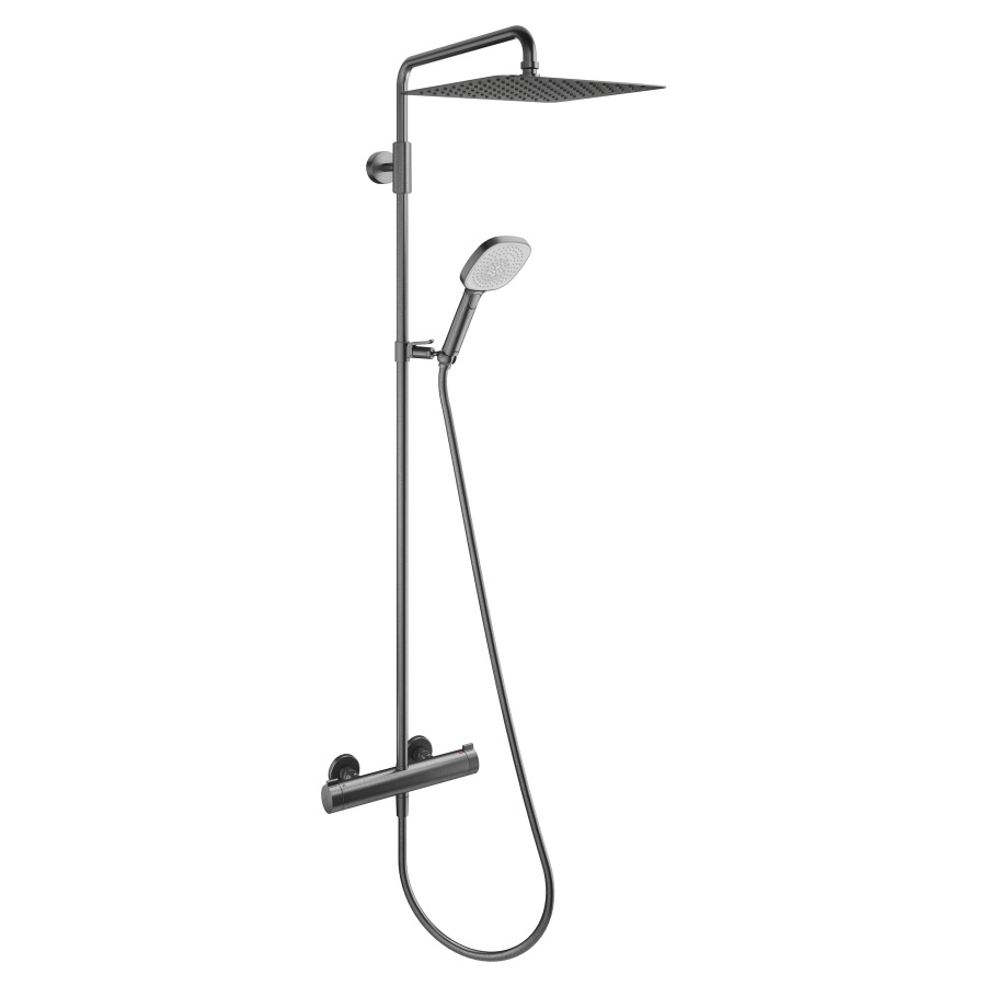 Système de douche KWC THERM
DESIGN, E 153 mm, raccords
d'arrêt 1/2" x 1/2", douche à
main Choice-H avec tuyau
douche de tête Piatto-X
carée 30 x 30 cm, glissière
