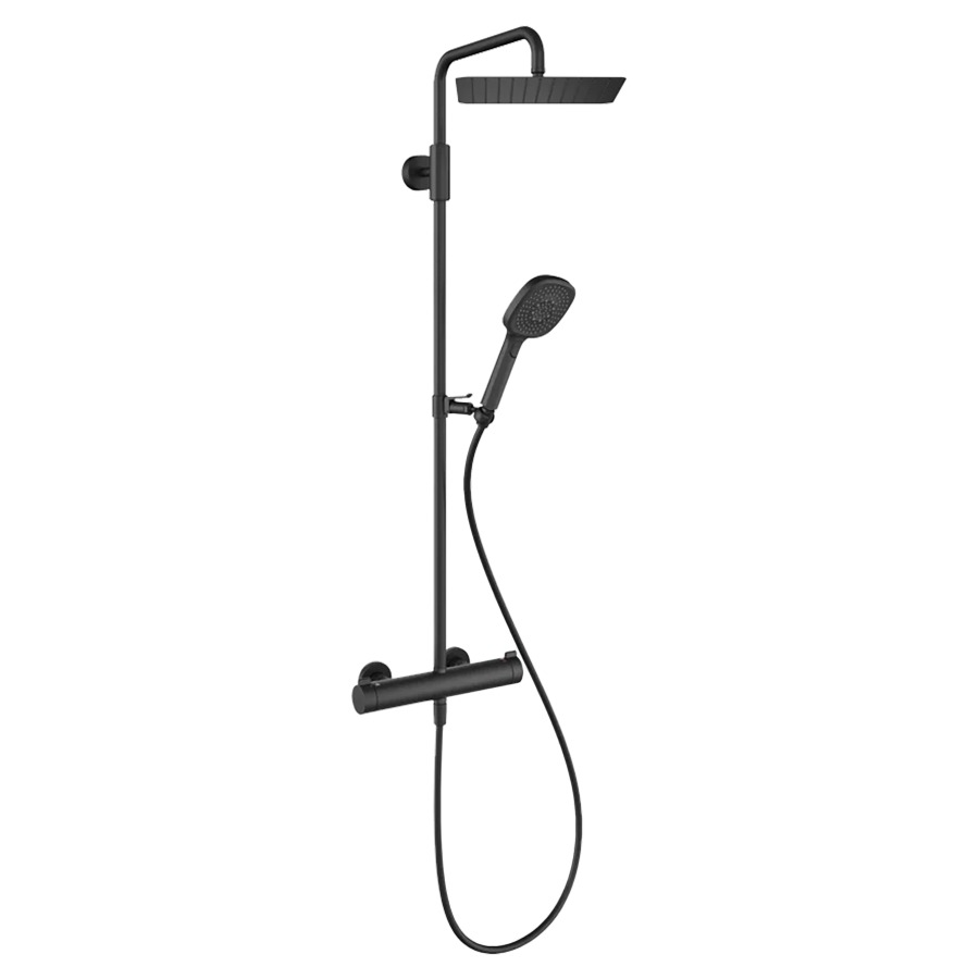 Système de douche KWC THERM
DESIGN, E 153 mm, raccords
d'arrêt 1/2" x 1/2", douche à
main Choice-H avec tuyau
douche de tête Piatto-X
carée 30 x 30 cm, glissière
