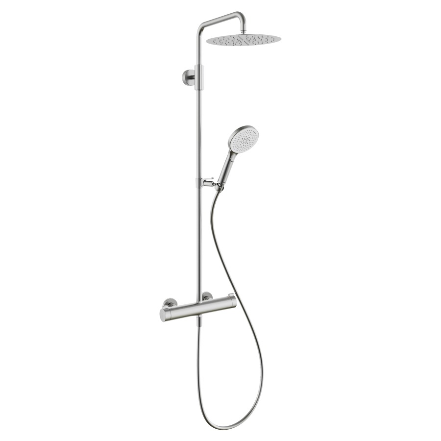Système de douche KWC THERM
STYLE, E 153 mm, raccords
d'arrêt 1/2" x 1/2", douche à
main Choice-G avec tuyau
douche de tête Piatto-X ronde
D 30 cm, glissière