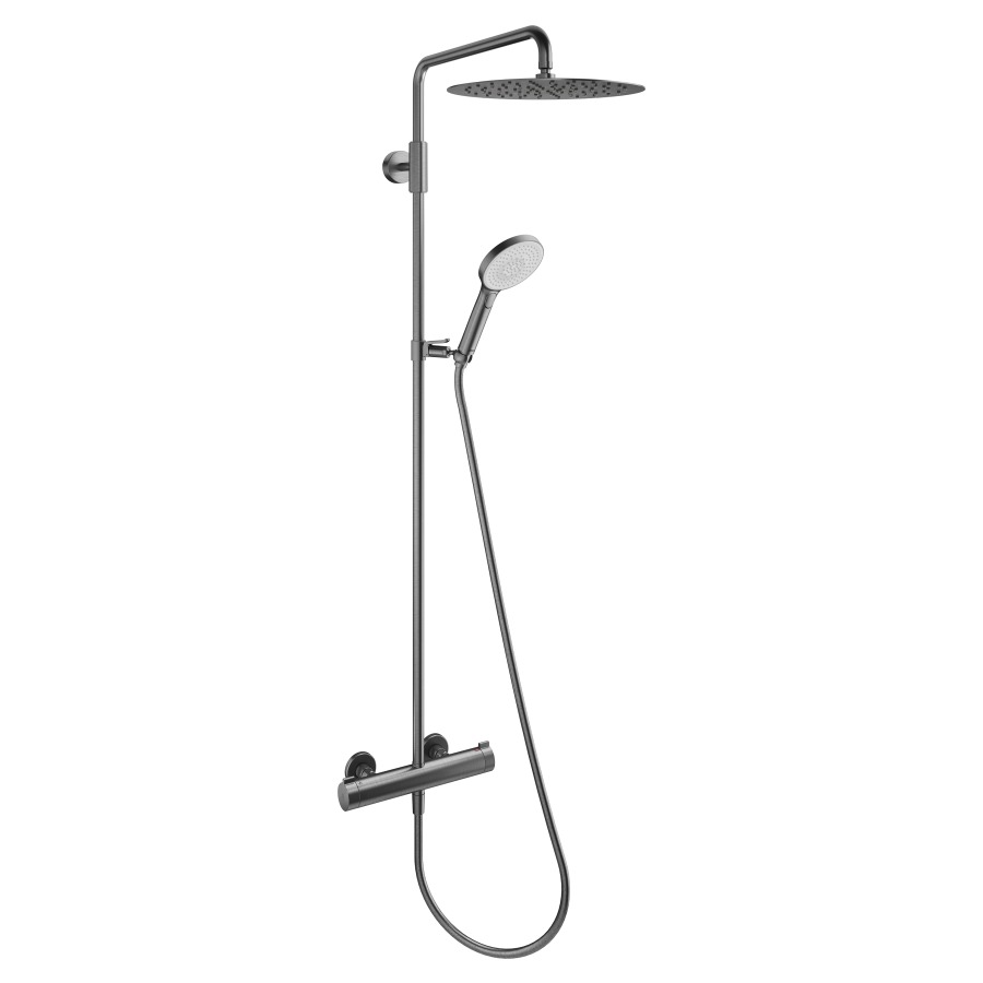 Système de douche KWC THERM
STYLE, E 153 mm, raccords
d'arrêt 1/2" x 1/2", douche à
main Choice-G avec tuyau
douche de tête Piatto-X ronde
D 30 cm, glissière