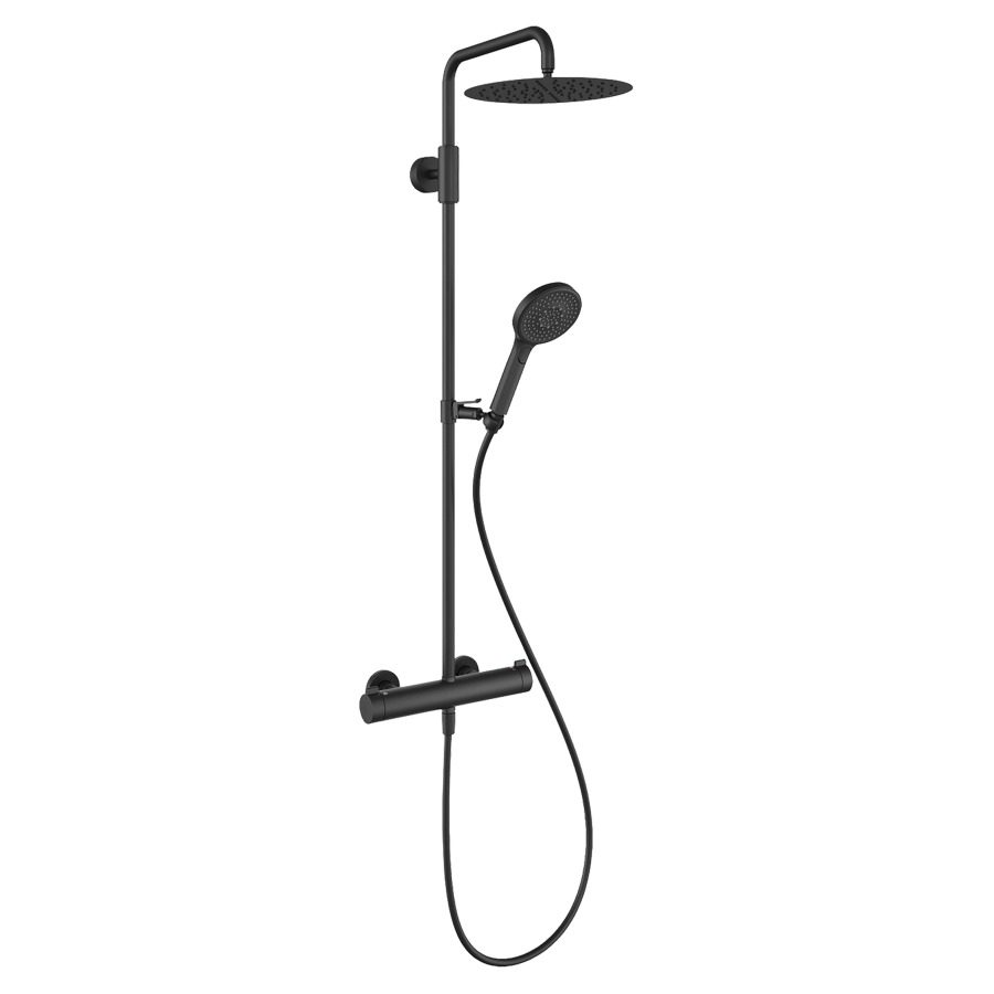 Système de douche KWC THERM
STYLE, E 153 mm, raccords
d'arrêt 1/2" x 1/2", douche à
main Choice-G avec tuyau
douche de tête Piatto-X ronde
D 30 cm, glissière