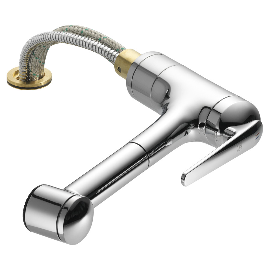 Mélangeur d'évier DOMO.5
S 230 mm goulot orientable
membrane d'étanchéité
douche extensible réglable
robinetterie amovible, tuyaux
de raccordement flexibles 3/8"
groupe acoustique I