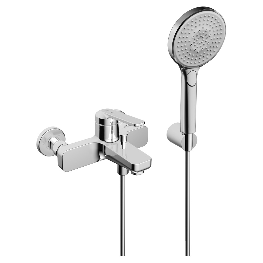 Mélangeur de bain DOMO 6.0
E 153 mm, raccords d'arrêt
1/2" x 3/4", douche, tuyau de
douche 160 cm, support