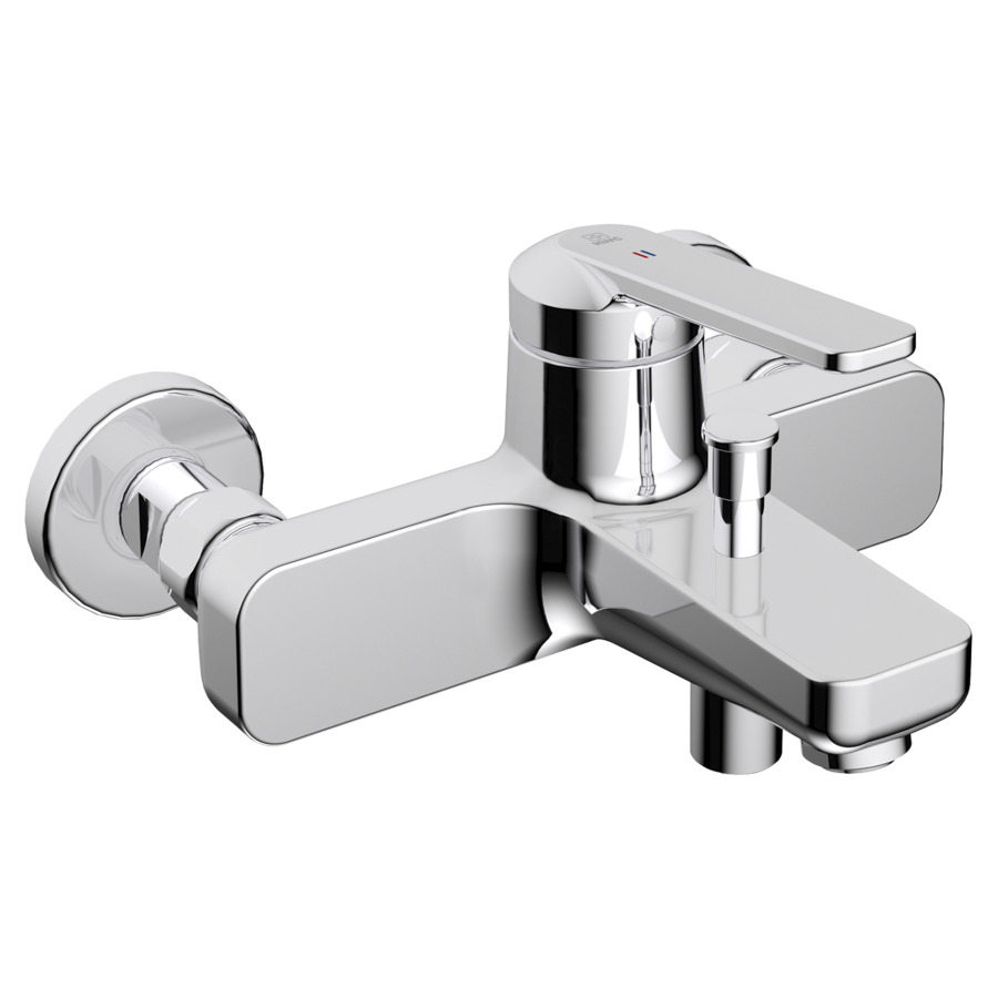 Mélangeur de bain DOMO 6.0
E 153 mm, raccords d'arrêt
1/2" x 3/4", sans douche tuyau
de douche 180 cm et support