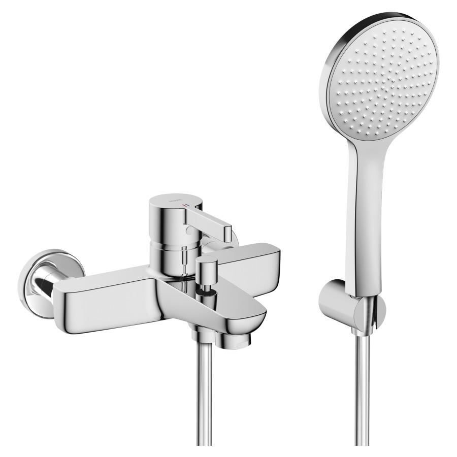 Mélangeur de bain Fit
E 153 mm, raccords d'arrêt
1/2" x 3/4", avec douche
tuyau de douche 160 cm, support