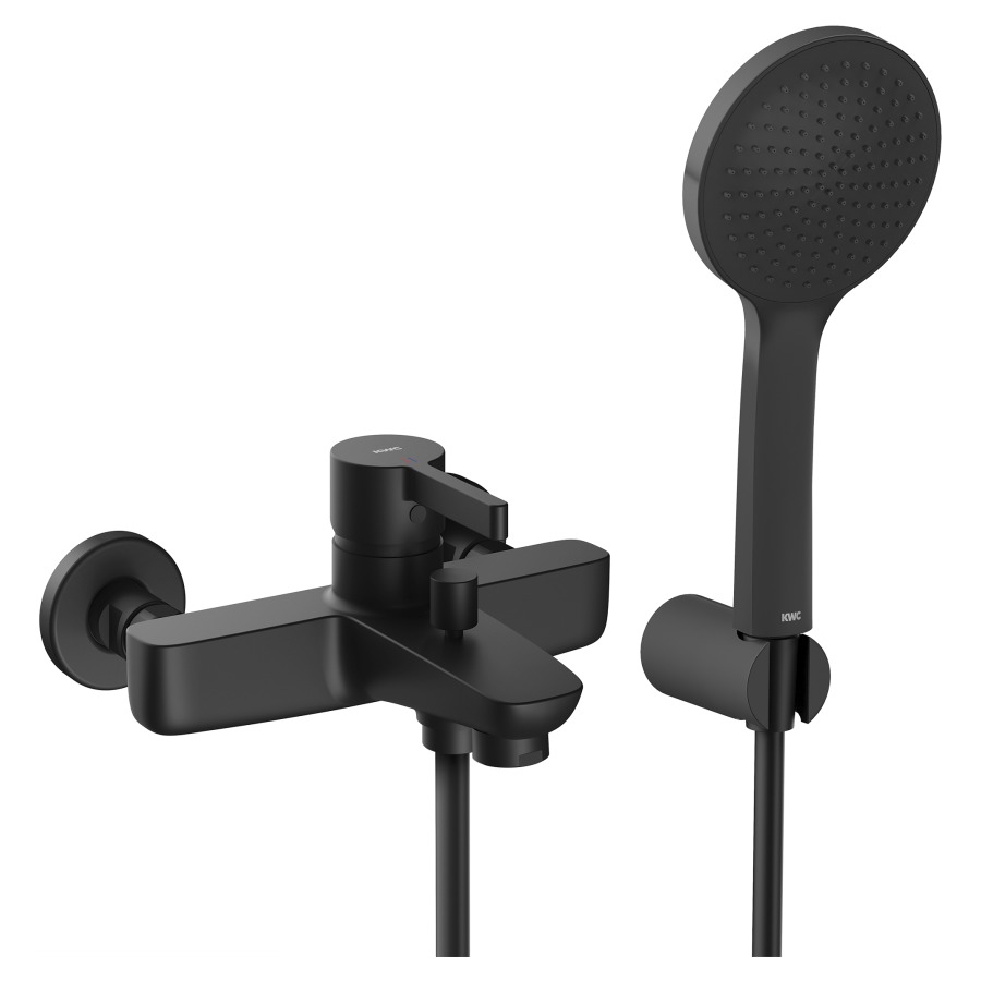 Mélangeur de bain Fit
E 153 mm, raccords d'arrêt
1/2" x 3/4", avec douche
tuyau de douche 160 cm, support