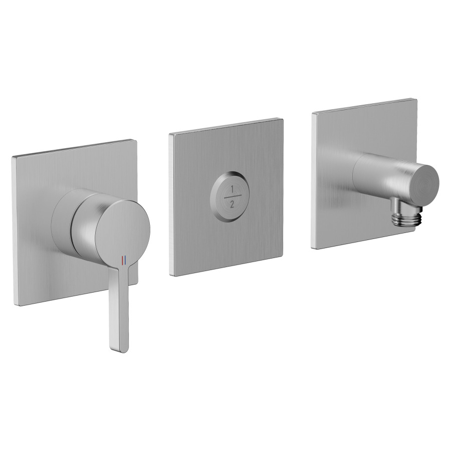 Mélangeur de bain HOMEBOX
BEVO UP, set de montage final
avec 3 plaques de recouvrement 10 x 10 cm
dispositif d'antisiphonnage intégré
avec mélangeur monocommande
bouton-poussoir Choice avec inverseur
raccordement tuyau
sans corps à encastrer 725 700