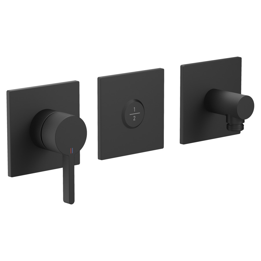 Mélangeur de bain HOMEBOX
BEVO UP, set de montage final
avec 3 plaques de recouvrement 10 x 10 cm
dispositif d'antisiphonnage intégré
avec mélangeur monocommande
bouton-poussoir Choice avec inverseur
raccordement tuyau
sans corps à encastrer 725 700