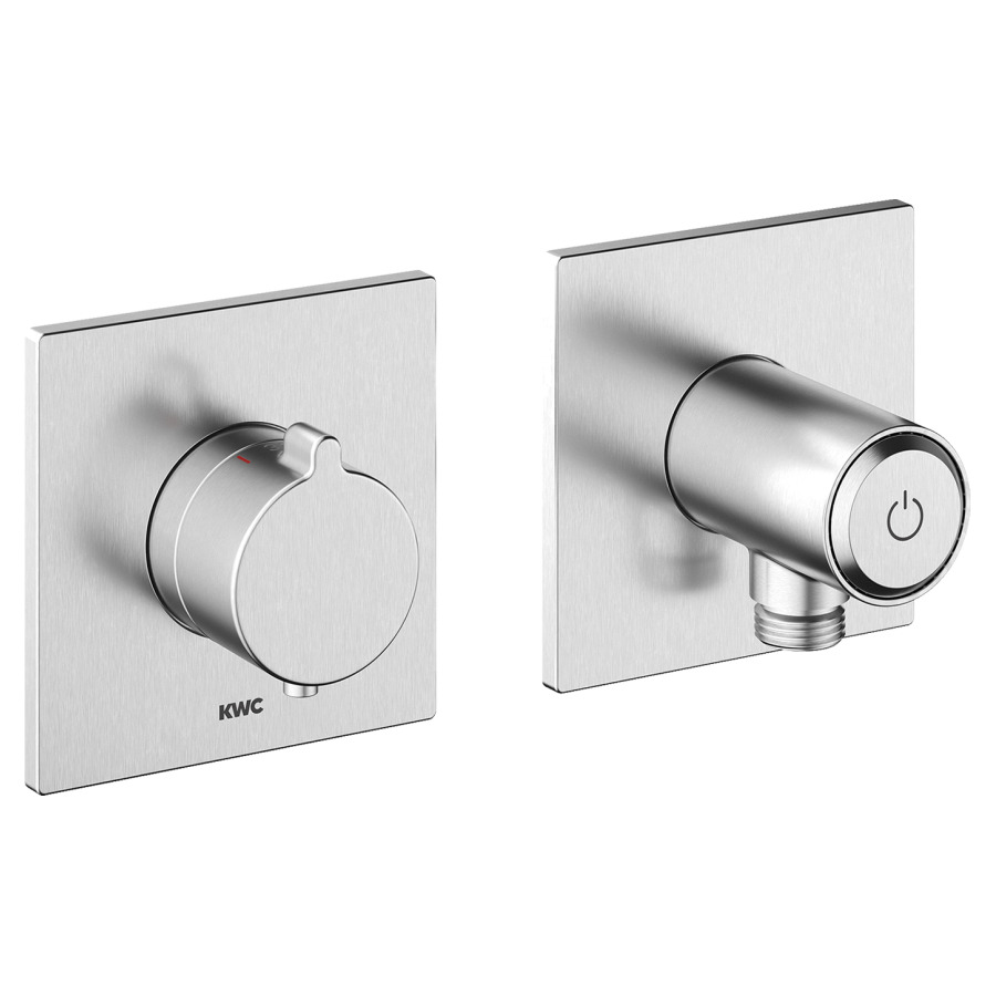 Mélangeur de douche HOMEBOX
THERM UP, set de montage final
avec 2 plaques de recouvrement 10 x 10 cm
dispositif d'antisiphonnage intégré
avec thermostat, raccordement
tuyau avec bouton-poussoir
Choice ON/OFF avec régulateur
de débit, sans corps à encastrer 725 699