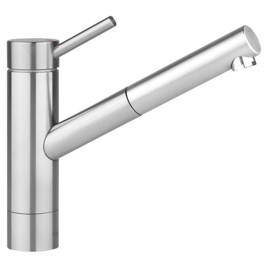 Mélangeur d'évier INOX
acier inoxydable, S 230 mm
goulot orientable extensible
haute colonne
H jusqu'à aérateur 206 mm
H levier ouvert 283 mm, tuyaux
de raccordement flexibles 3/8"
groupe acoustique I