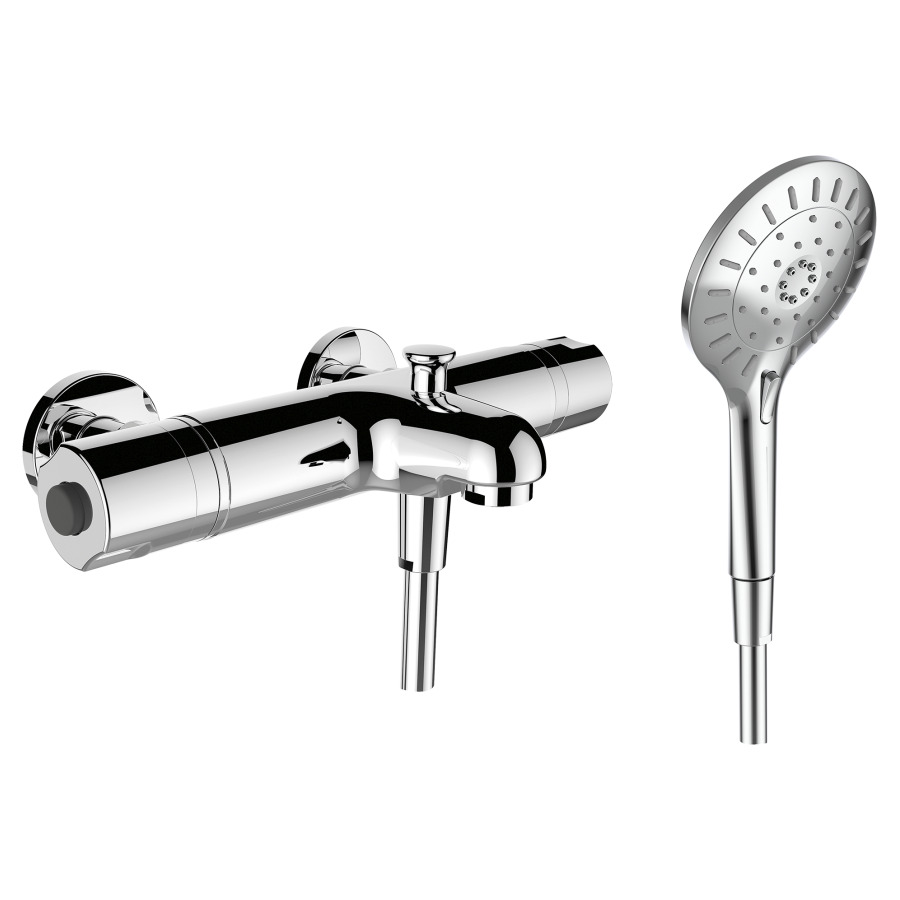 Mélangeur de bain THERMOFIT
E 153 mm, raccords d'arrêt
1/2" x 3/4", douche AquaJet
Multi, groupe acoustique I