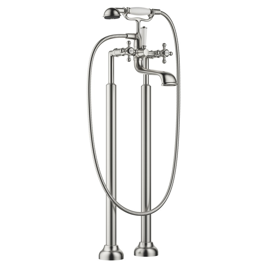 Badebatterie MADISON
AD 153 mm, A 245 mm, H 901 mm
mit Standrohren für
freistehende Montage
Drehumstellung Wanne/Brause
Handbrause Antikalk-System
Haltegabel, ohne Einbaukörper
769 021