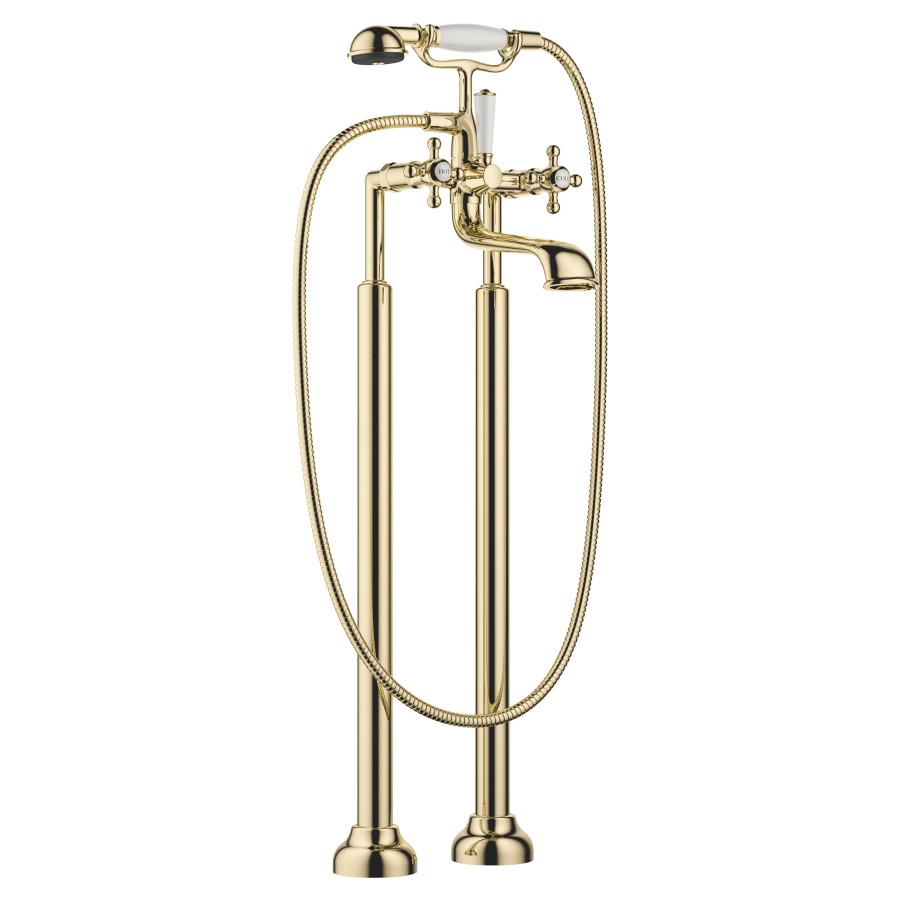 Badebatterie MADISON
AD 153 mm, A 245 mm, H 901 mm
mit Standrohren für
freistehende Montage
Drehumstellung Wanne/Brause
Handbrause Antikalk-System
Haltegabel, ohne Einbaukörper
769 021