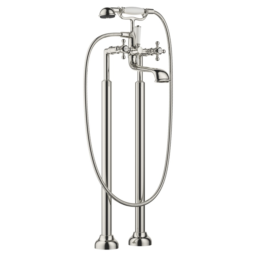Batterie de bain MADISON
E 153 mm, S 245 mm, H 901 mm
avec colonnes pour montage à
pose libre, inverseur rotatif
bain/douche, douche à main
avec système anticalcaire
support de douchette, sans
corps à encastrer 769 021
