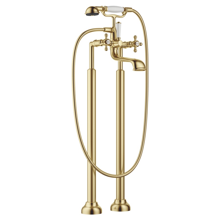 Badebatterie MADISON
AD 153 mm, A 245 mm, H 901 mm
mit Standrohren für
freistehende Montage
Drehumstellung Wanne/Brause
Handbrause Antikalk-System
Haltegabel, ohne Einbaukörper
769 021