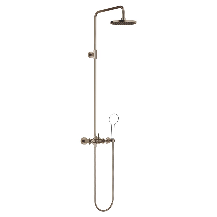 Système de douche TARA
H 116,7 cm, 1/2", E 150 mm
batterie de douche, inverseur
rotatif barre de douche/
dochette à main, pomme de
douche D 220 mm, S 420 mm
tuyau de douche 150 cm, sans
douche à main, débit 9 l/min