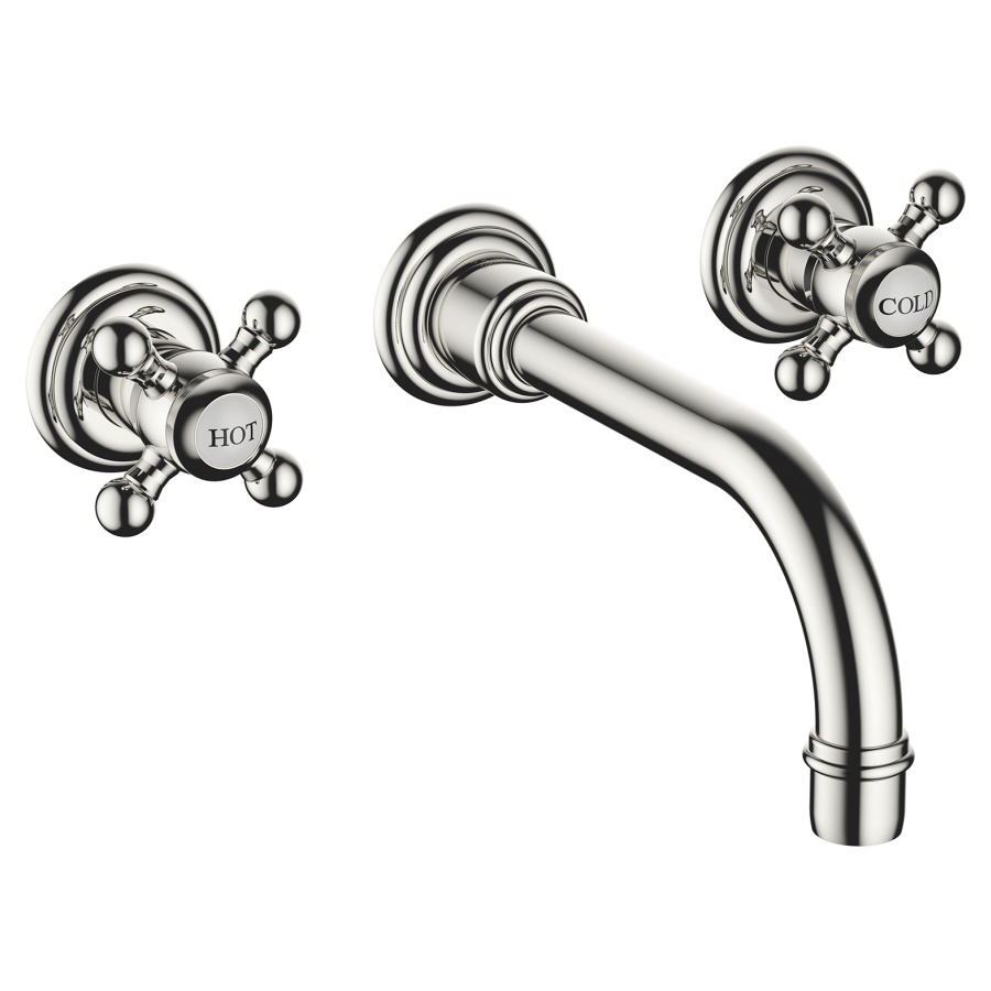 Batt. murale à 3 trous MADISON
2 robinets latéraux 1/2"
S 185 mm goulot fixe 1/2"
rosaces séparées, sans corps
à encastrer 769 023, 751 014
groupe acoustique I