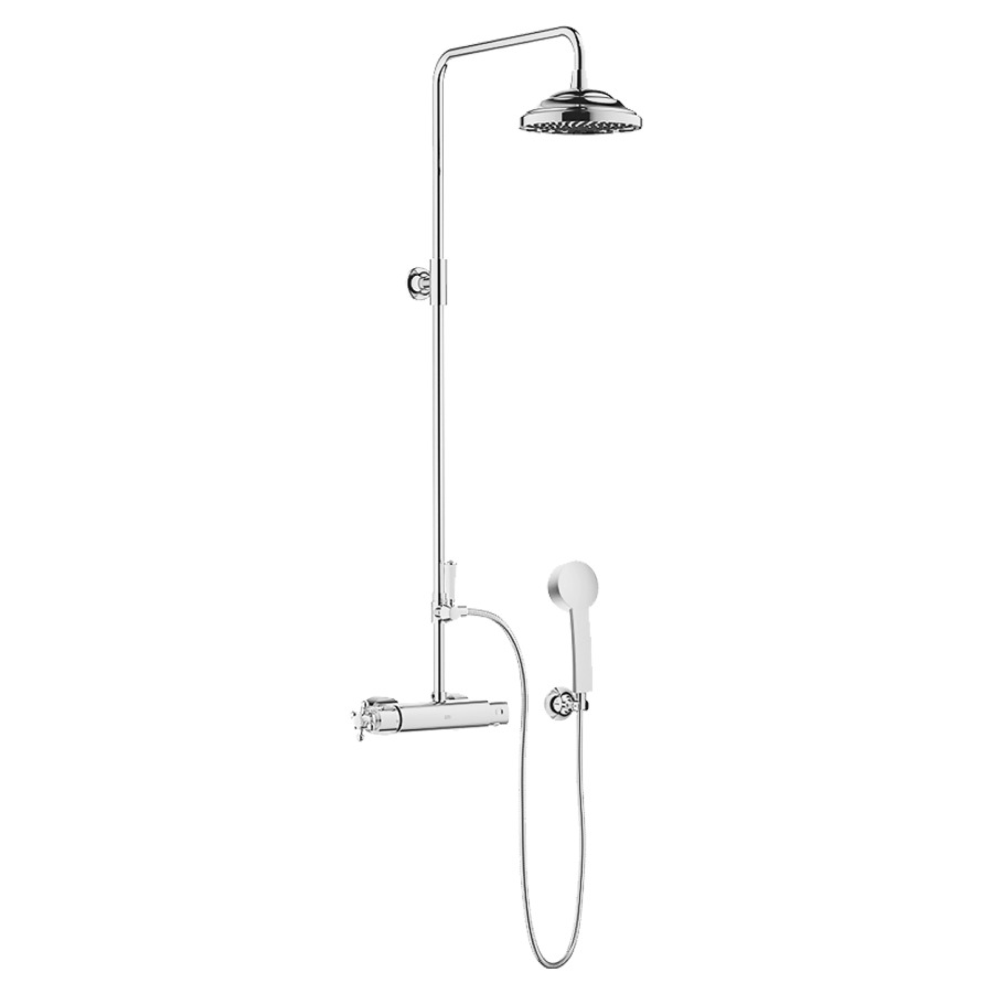 Système de douche MADISON
H 116 cm, 1/2", E 133-163 mm
mélangeur thermostat
inverseur, pomme de douche
D 200 mm, S 420 mm, système
anticalcaire, tuyau 125 cm
sans douche à main