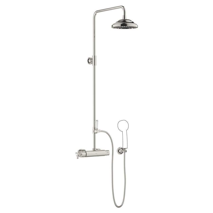 Système de douche MADISON
H 116 cm, 1/2", E 133-163 mm
mélangeur thermostat
inverseur, pomme de douche
D 200 mm, S 420 mm, système
anticalcaire, tuyau 125 cm
sans douche à main