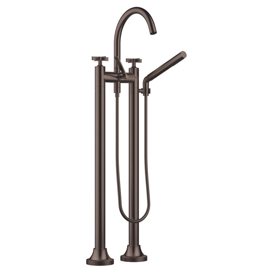 Batterie de bain 2 trous VAIA
E 150 mm, S 221 mm, goulot
orientable, H jusqu'à aérateur
816 mm, avec colonnes
pour montage à pose libre
poignées à croix, inverseur
douche à main bâton, système
anticalcaire, tuyau 125 cm
sans corps à encastrer 769 021