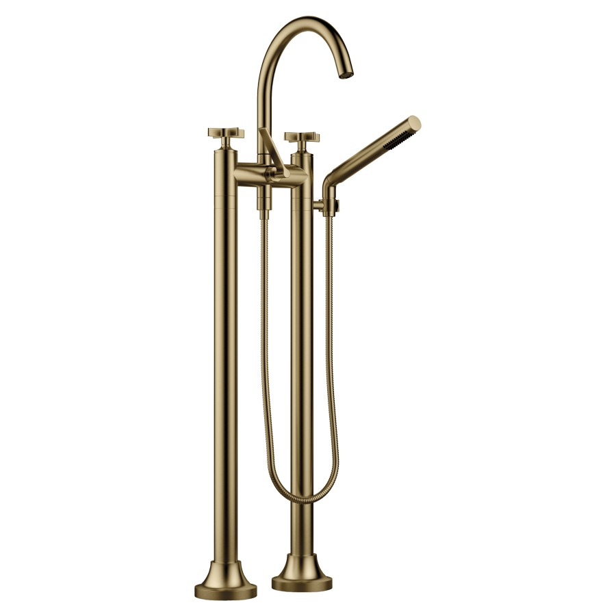 Batterie de bain 2 trous VAIA
E 150 mm, S 221 mm, goulot
orientable, H jusqu'à aérateur
816 mm, avec colonnes
pour montage à pose libre
poignées à croix, inverseur
douche à main bâton, système
anticalcaire, tuyau 125 cm
sans corps à encastrer 769 021