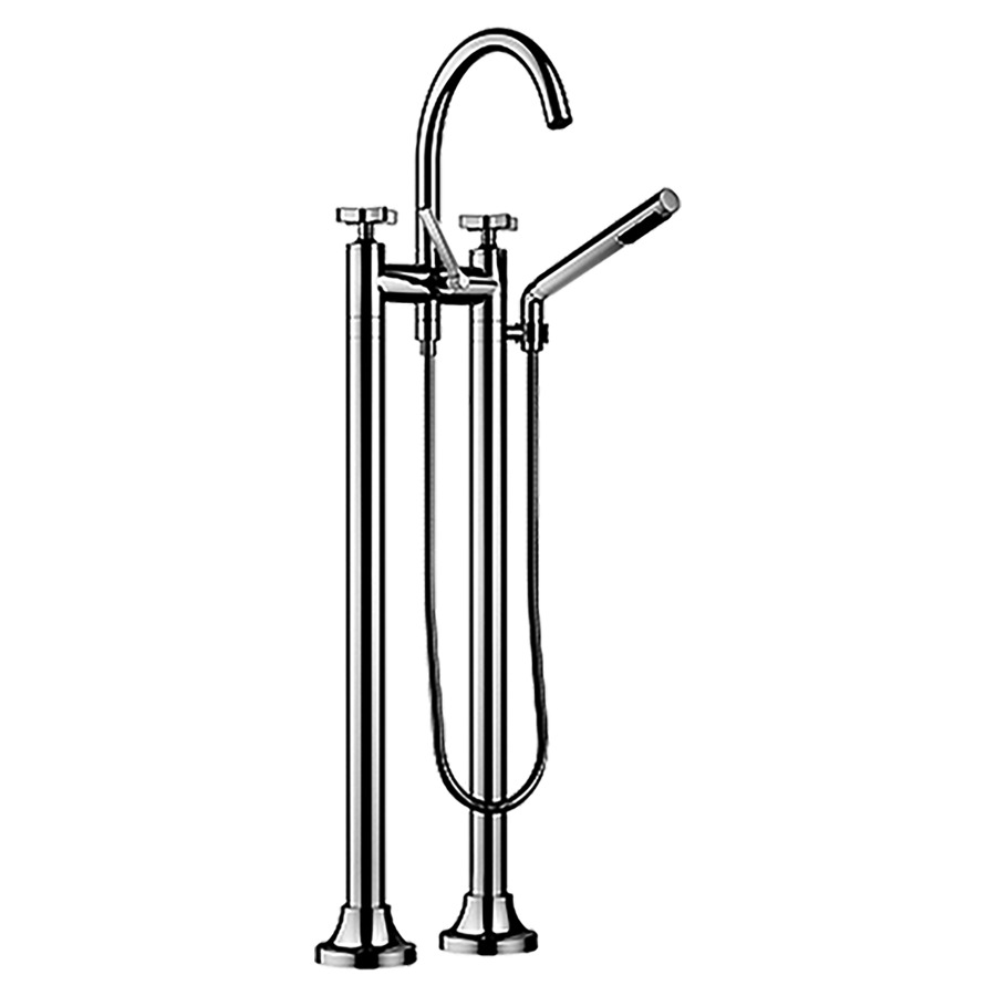 Batterie de bain 2 trous VAIA
E 150 mm, S 221 mm, goulot
orientable, H jusqu'à aérateur
816 mm, avec colonnes
pour montage à pose libre
poignées à croix, inverseur
douche à main bâton, système
anticalcaire, tuyau 125 cm
sans corps à encastrer 769 021