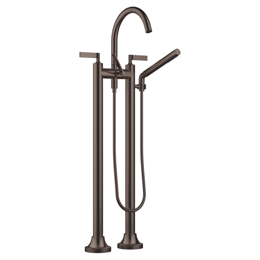 Batterie de bain 2 trous VAIA
E 150 mm, S 221 mm, goulot
orientable, H jusqu'à aérateur
816 mm, avec colonnes
pour montage à pose libre
poignées à levier, inverseur
douche à main bâton, système
anticalcaire, tuyau 125 cm
sans corps à encastrer 769 021