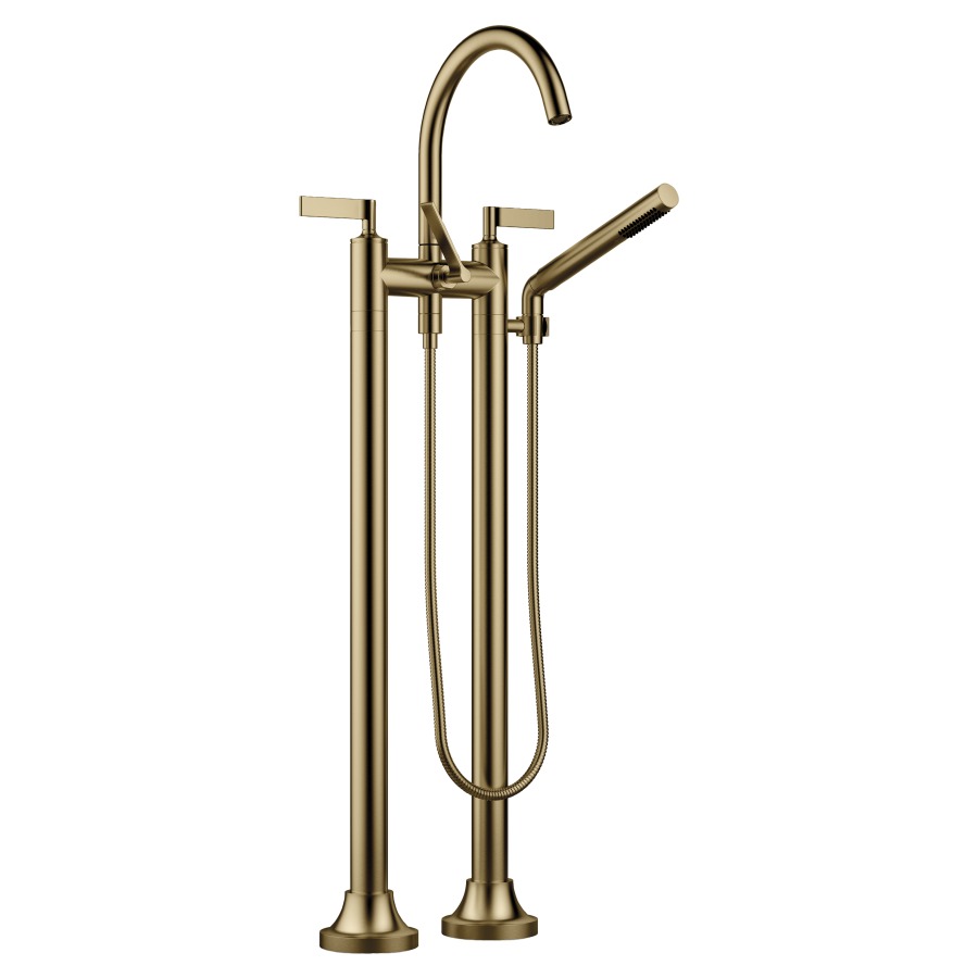 Batterie de bain 2 trous VAIA
E 150 mm, S 221 mm, goulot
orientable, H jusqu'à aérateur
816 mm, avec colonnes
pour montage à pose libre
poignées à levier, inverseur
douche à main bâton, système
anticalcaire, tuyau 125 cm
sans corps à encastrer 769 021