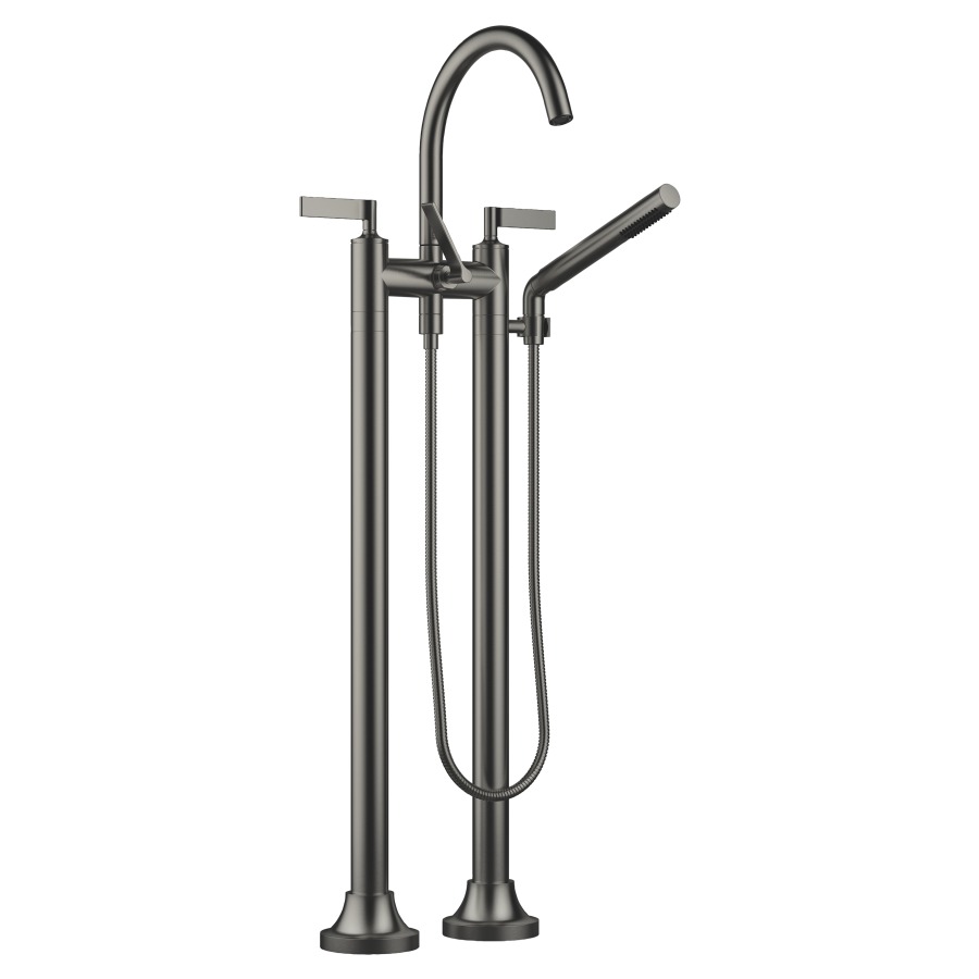 Batterie de bain 2 trous VAIA
E 150 mm, S 221 mm, goulot
orientable, H jusqu'à aérateur
816 mm, avec colonnes
pour montage à pose libre
poignées à levier, inverseur
douche à main bâton, système
anticalcaire, tuyau 125 cm
sans corps à encastrer 769 021