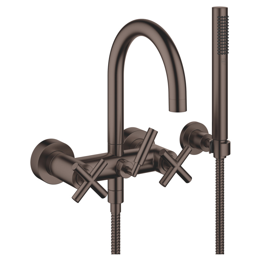 Batterie de bain TARA.
E 150 mm, poignées à croix
raccords S cachés 1/2" x 3/4"
douche, support
groupe acoustique I