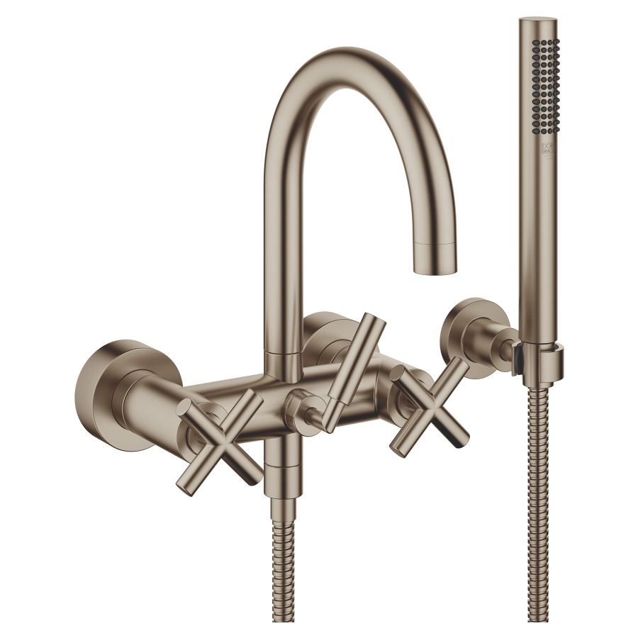 Batterie de bain TARA.
E 150 mm, poignées à croix
raccords S cachés 1/2" x 3/4"
douche, support
groupe acoustique I