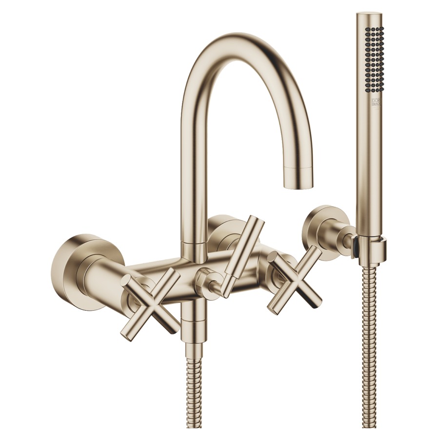 Batterie de bain TARA.
E 150 mm, poignées à croix
raccords S cachés 1/2" x 3/4"
douche, support
groupe acoustique I