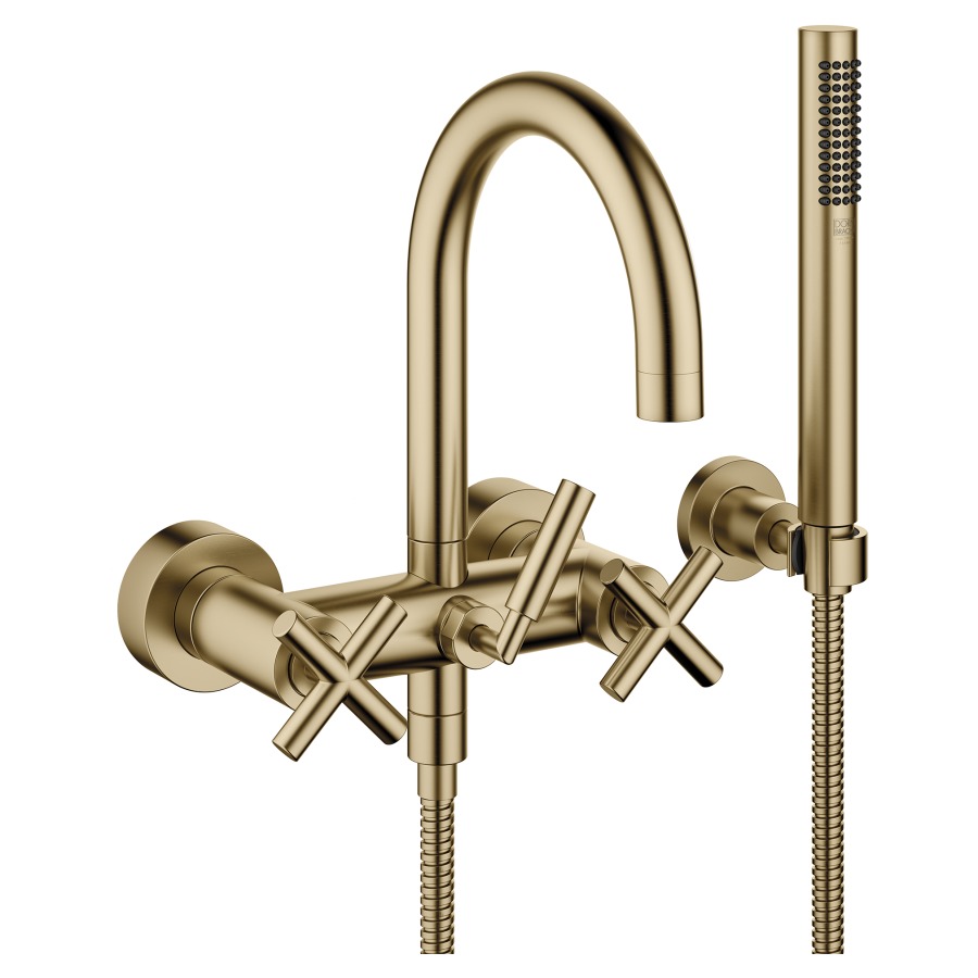 Batterie de bain TARA.
E 150 mm, poignées à croix
raccords S cachés 1/2" x 3/4"
douche, support
groupe acoustique I