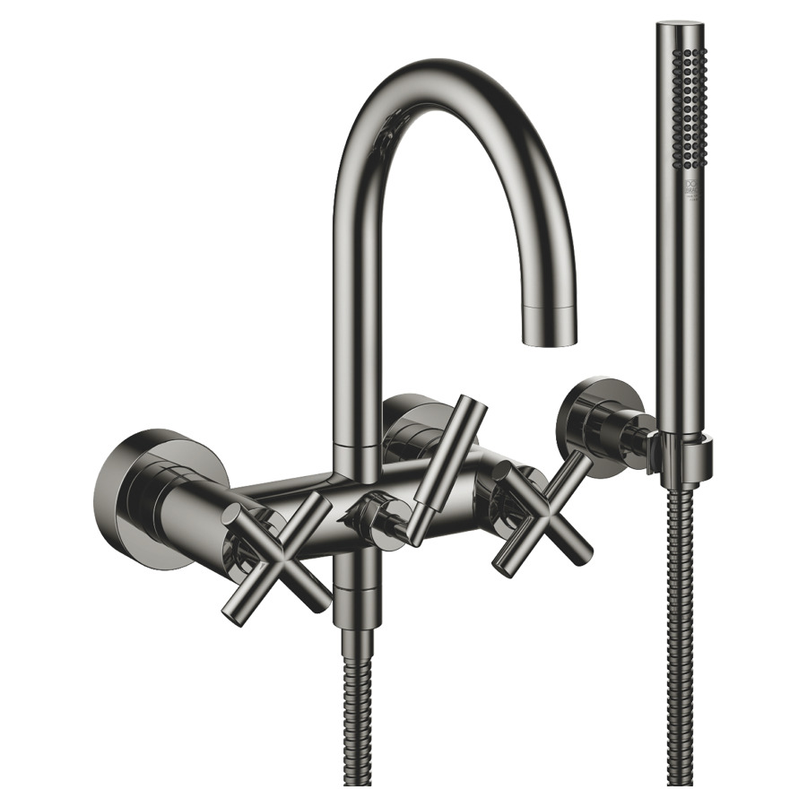 Batterie de bain TARA.
E 150 mm, poignées à croix
raccords S cachés 1/2" x 3/4"
douche, support
groupe acoustique I