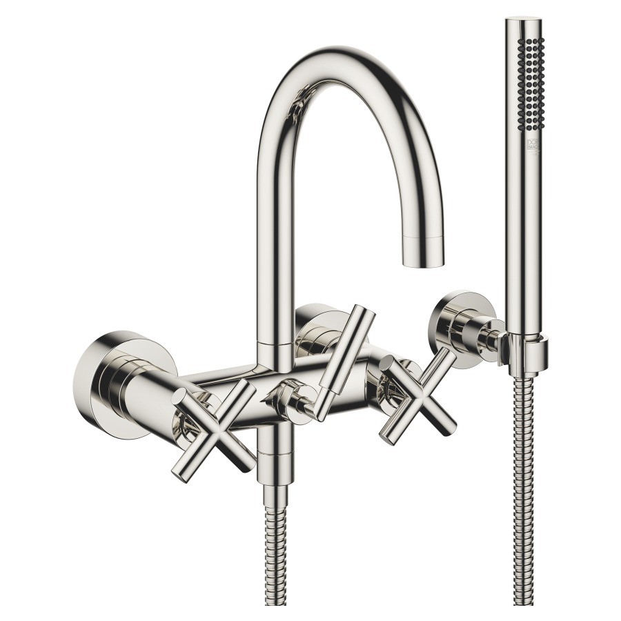 Batterie de bain TARA.
E 150 mm, poignées à croix
raccords S cachés 1/2" x 3/4"
douche, support
groupe acoustique I