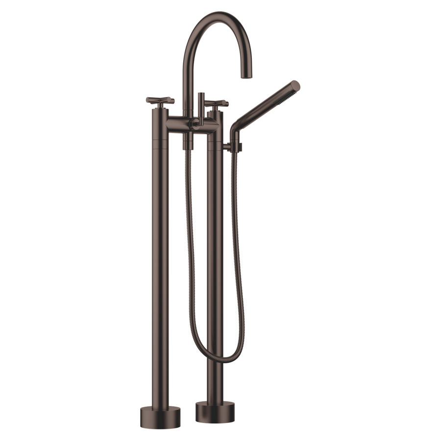 Batterie de bain 2 trous TARA.
E 150 mm, S 220 mm, goulot
orientable, H jusqu'à aérateur
765 mm, avec colonnes
pour montage à pose libre
poignées à croix, inverseur
douche à main bâton, système
anticalcaire, tuyau 125 cm
rosaces D 90 mm
sans corps à encastrer 769 021
groupe acoustique I