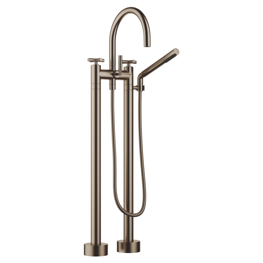 Batterie de bain 2 trous TARA.
E 150 mm, S 220 mm, goulot
orientable, H jusqu'à aérateur
765 mm, avec colonnes
pour montage à pose libre
poignées à croix, inverseur
douche à main bâton, système
anticalcaire, tuyau 125 cm
rosaces D 90 mm
sans corps à encastrer 769 021
groupe acoustique I