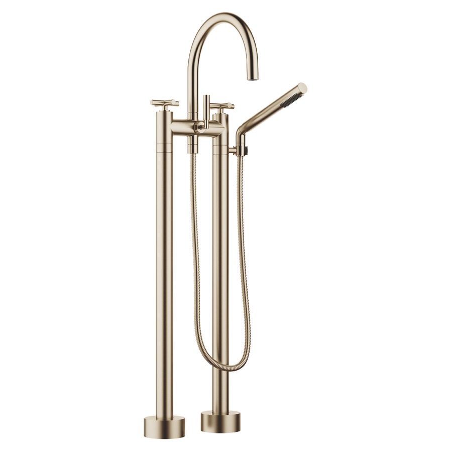 Batterie de bain 2 trous TARA.
E 150 mm, S 220 mm, goulot
orientable, H jusqu'à aérateur
765 mm, avec colonnes
pour montage à pose libre
poignées à croix, inverseur
douche à main bâton, système
anticalcaire, tuyau 125 cm
rosaces D 90 mm
sans corps à encastrer 769 021
groupe acoustique I