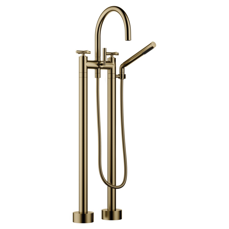 Batterie de bain 2 trous TARA.
E 150 mm, S 220 mm, goulot
orientable, H jusqu'à aérateur
765 mm, avec colonnes
pour montage à pose libre
poignées à croix, inverseur
douche à main bâton, système
anticalcaire, tuyau 125 cm
rosaces D 90 mm
sans corps à encastrer 769 021
groupe acoustique I