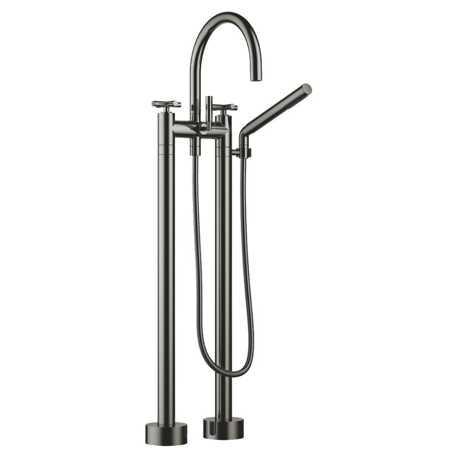 Batterie de bain 2 trous TARA.
E 150 mm, S 220 mm, goulot
orientable, H jusqu'à aérateur
765 mm, avec colonnes
pour montage à pose libre
poignées à croix, inverseur
douche à main bâton, système
anticalcaire, tuyau 125 cm
rosaces D 90 mm
sans corps à encastrer 769 021
groupe acoustique I