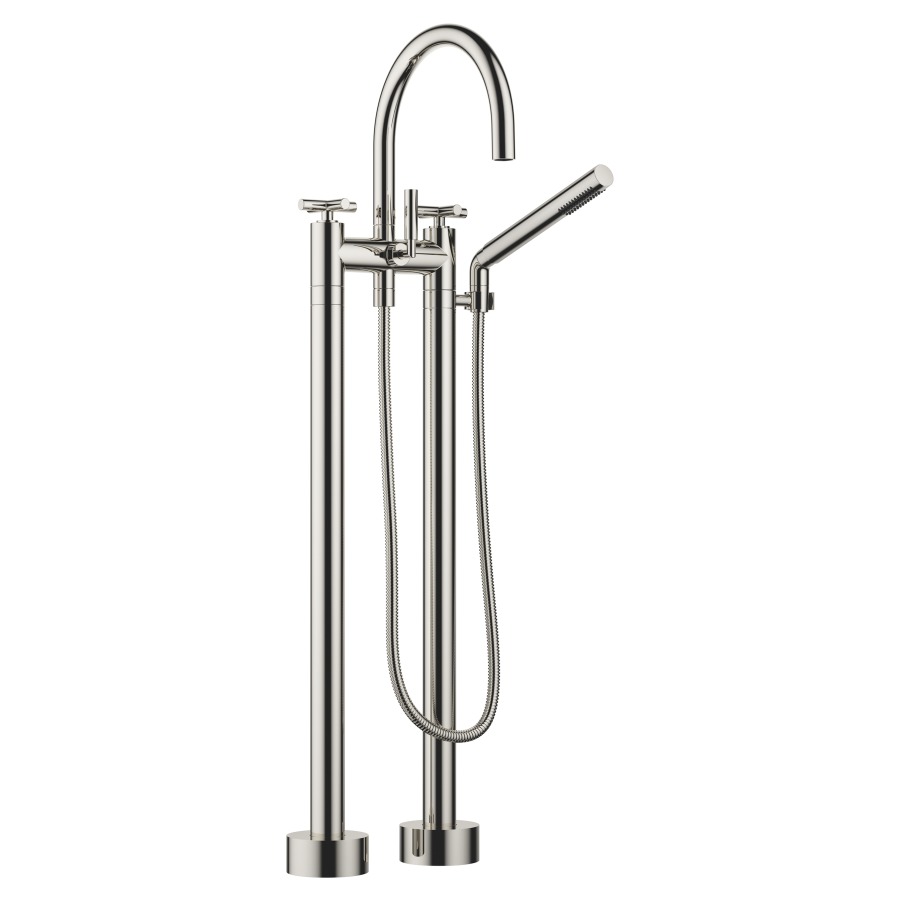 Batterie de bain 2 trous TARA.
E 150 mm, S 220 mm, goulot
orientable, H jusqu'à aérateur
765 mm, avec colonnes
pour montage à pose libre
poignées à croix, inverseur
douche à main bâton, système
anticalcaire, tuyau 125 cm
rosaces D 90 mm
sans corps à encastrer 769 021
groupe acoustique I