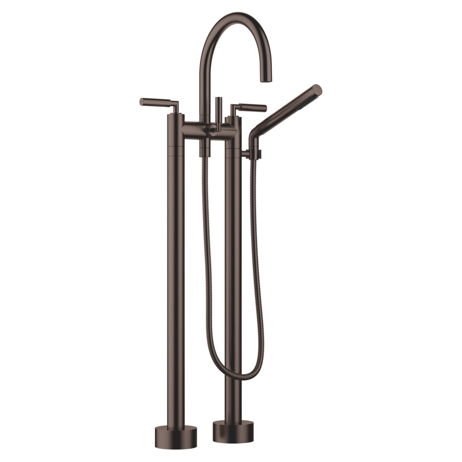 Batterie de bain 2 trous TARA.
E 150 mm, S 220 mm, goulot
orientable, H jusqu'à aérateur
765 mm, avec colonnes
pour montage à pose libre
poignées à levier, inverseur
douche à main bâton, système
anticalcaire, tuyau 125 cm
rosaces D 90 mm
sans corps à encastrer 769 021
groupe acoustique I