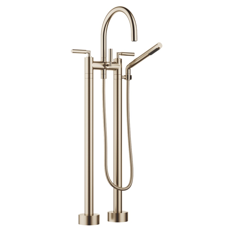 Batterie de bain 2 trous TARA.
E 150 mm, S 220 mm, goulot
orientable, H jusqu'à aérateur
765 mm, avec colonnes
pour montage à pose libre
poignées à levier, inverseur
douche à main bâton, système
anticalcaire, tuyau 125 cm
rosaces D 90 mm
sans corps à encastrer 769 021
groupe acoustique I