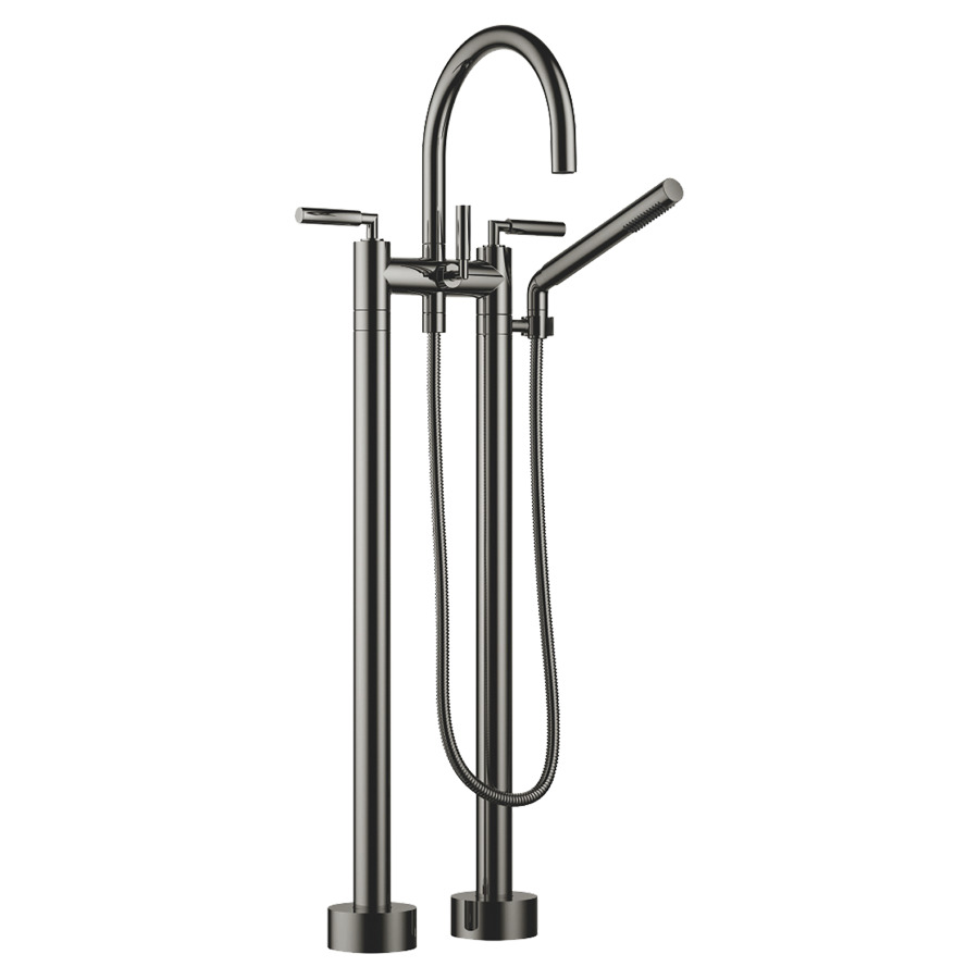 Batterie de bain 2 trous TARA.
E 150 mm, S 220 mm, goulot
orientable, H jusqu'à aérateur
765 mm, avec colonnes
pour montage à pose libre
poignées à levier, inverseur
douche à main bâton, système
anticalcaire, tuyau 125 cm
rosaces D 90 mm
sans corps à encastrer 769 021
groupe acoustique I