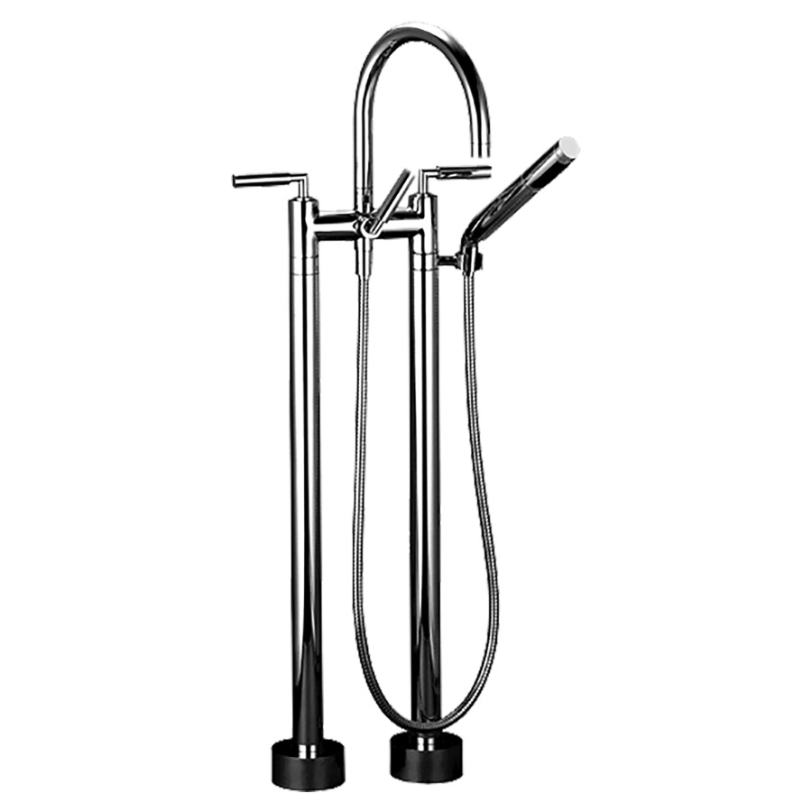 Batterie de bain 2 trous TARA.
E 150 mm, S 220 mm, goulot
orientable, H jusqu'à aérateur
765 mm, avec colonnes
pour montage à pose libre
poignées à levier, inverseur
douche à main bâton, système
anticalcaire, tuyau 125 cm
rosaces D 90 mm
sans corps à encastrer 769 021
groupe acoustique I
