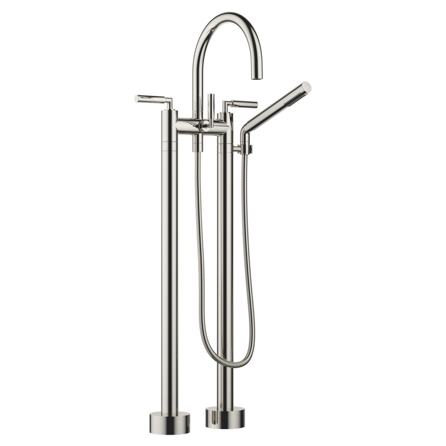 Batterie de bain 2 trous TARA.
E 150 mm, S 220 mm, goulot
orientable, H jusqu'à aérateur
765 mm, avec colonnes
pour montage à pose libre
poignées à levier, inverseur
douche à main bâton, système
anticalcaire, tuyau 125 cm
rosaces D 90 mm
sans corps à encastrer 769 021
groupe acoustique I