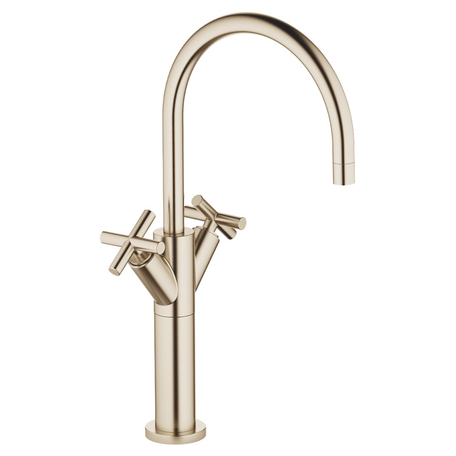 Batterie de lavabo TARA.
S 200 mm, goulot orientable
haute colonne
H jusqu'à aérateur 280 mm
H totale 425 mm, sans vidage
groupe acoustique I