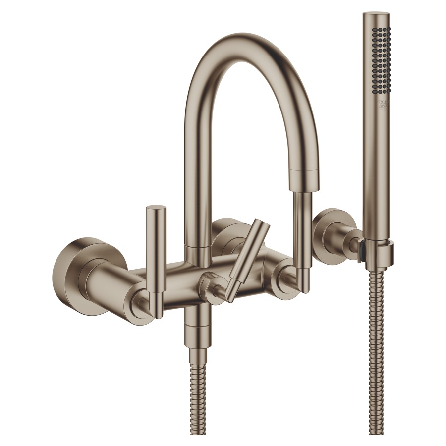 Batterie de bain TARA.
E 150 mm, poignées à levier
raccords S cachés 1/2" x 3/4"
douche, support
groupe acoustique I