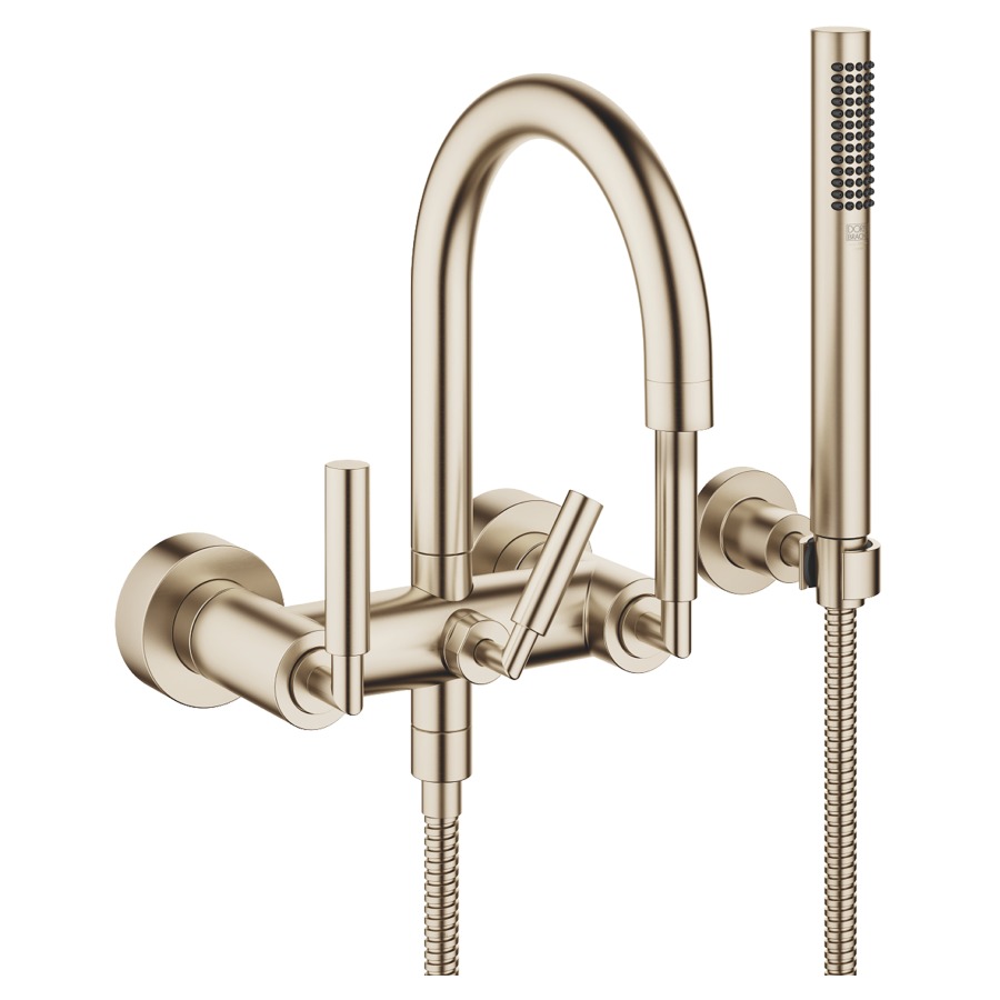 Batterie de bain TARA.
E 150 mm, poignées à levier
raccords S cachés 1/2" x 3/4"
douche, support
groupe acoustique I