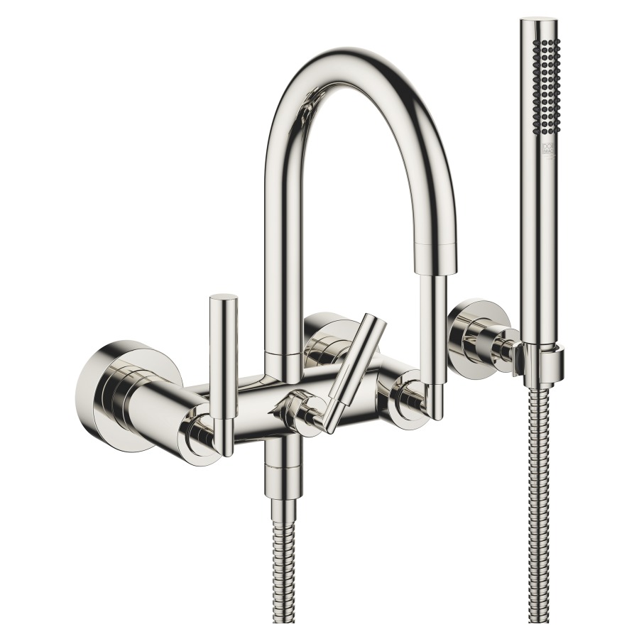Batterie de bain TARA.
E 150 mm, poignées à levier
raccords S cachés 1/2" x 3/4"
douche, support
groupe acoustique I